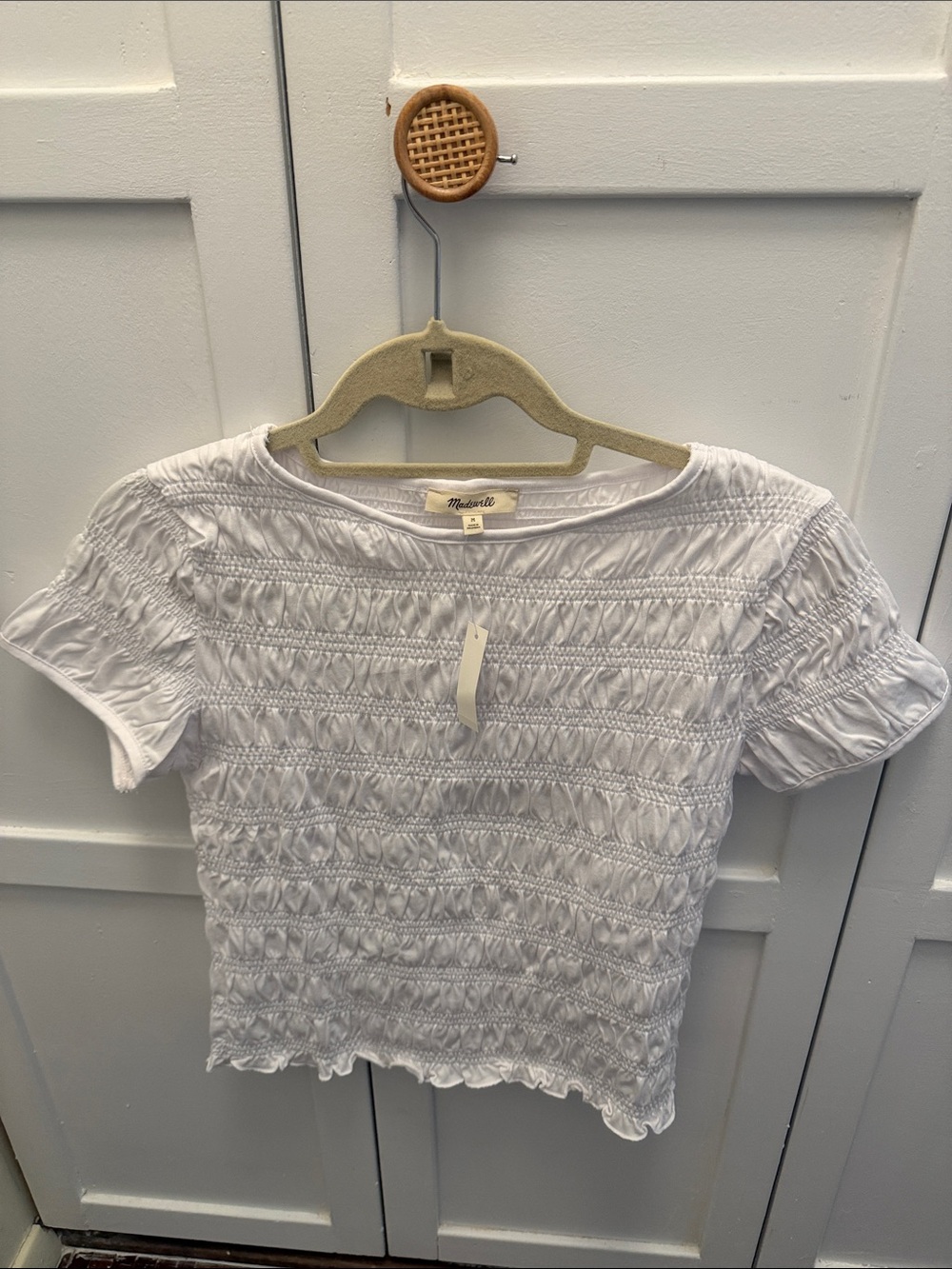Madewell White Smocked Short Sleeve Top size M